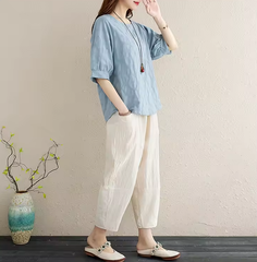 2Pcs Solid Short Sleeve Blouse Pants Office Lady Cotton Linen Set Casual Loose Tops And Trousers Sets