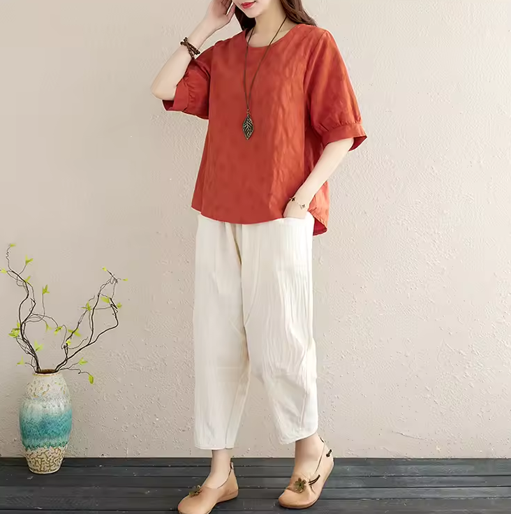 2Pcs Solid Short Sleeve Blouse Pants Office Lady Cotton Linen Set Casual Loose Tops And Trousers Sets