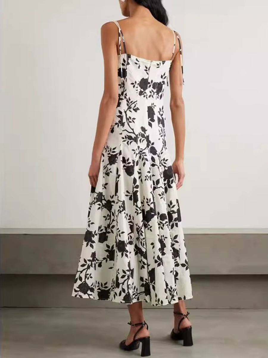 Vintage Bohemia Patchwork Floral Square Collar Sleeveless High Waist Folds Printed Dress