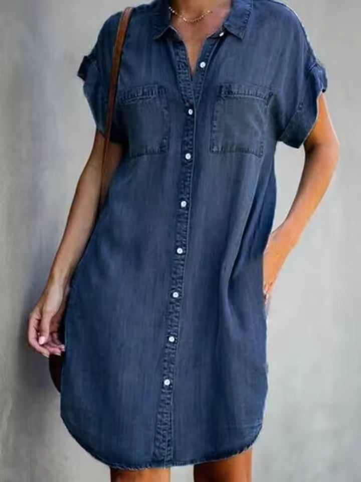 Casual Loose Pocket Single Breasted Denim Shirt Dress
