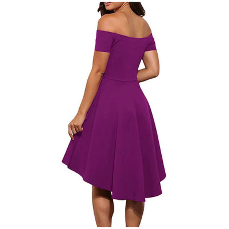 Elegant Slash Neck One Shoulder Knee-Length Short Sleeve Dress