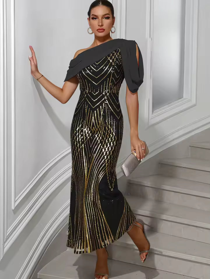 Elegant Chiffon Backless Ankle-Length Sequin Maxi Dress