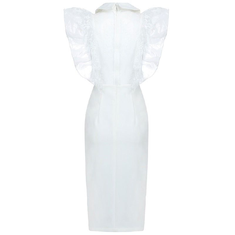 Patchwork Lace Pearl Button Bodycon Evening Party Dress