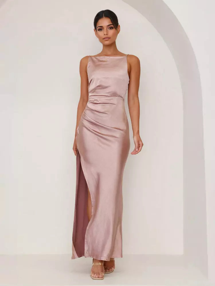 Elegant Open Back Open Shoulder Slit Sleeveless Maxi Dress