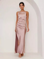 Elegant Open Back Open Shoulder Slit Sleeveless Maxi Dress