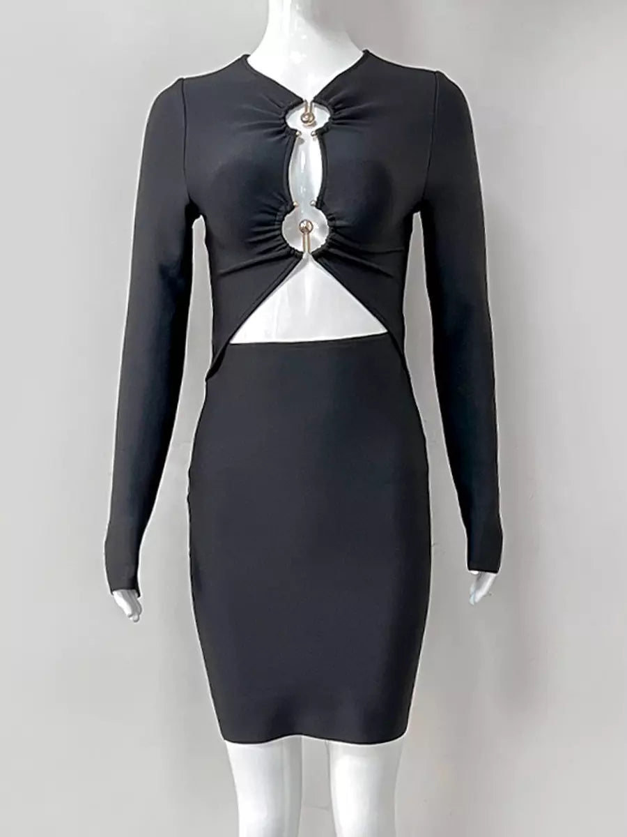 Elegant Metal Ring Cutout Polyester Bandage Bodycon Mini Dress