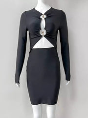 Elegant Metal Ring Cutout Polyester Bandage Bodycon Mini Dress