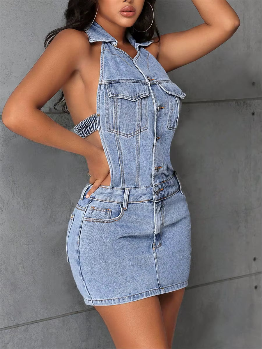 Casual Halter Neck Sleeveless Half Button Club Backless Bodycon Mini Dress