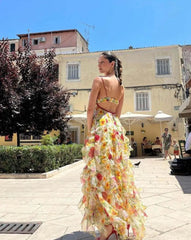 Casual 3D Print V-Neck Off-Shoulder Sleeveless Evening Party Long Dress
