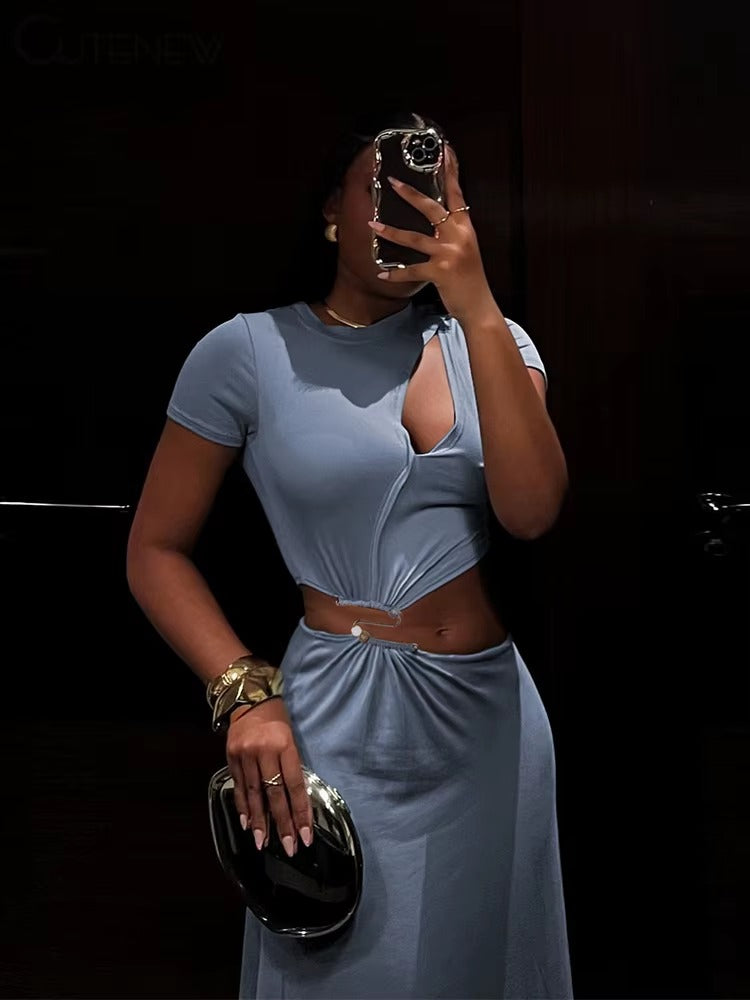 Classic Solid Chic Waistless Hollow Short Sleeve O-neck Simple Long Maxi Dress