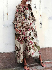 3/4 Sleeve Crew Neck Floral Print Vintage Long Maxi Dress