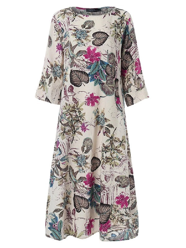 3/4 Sleeve Crew Neck Floral Print Vintage Long Maxi Dress