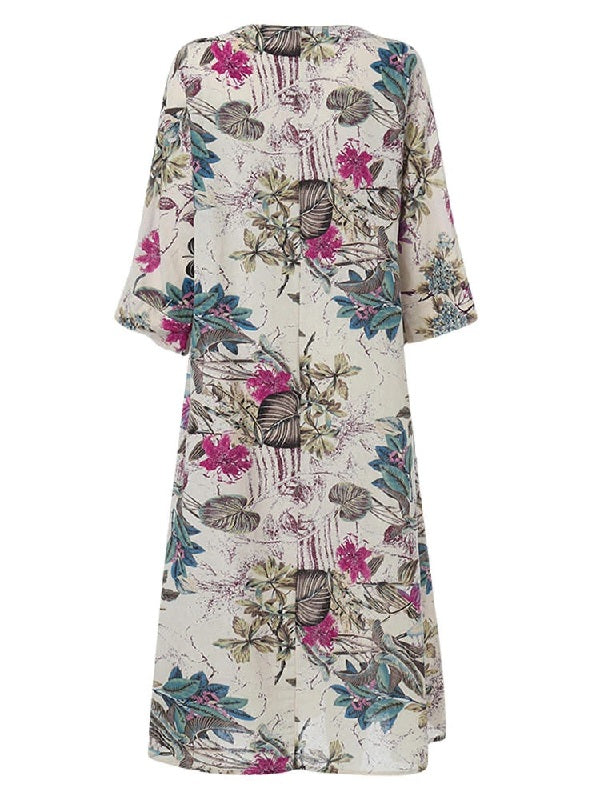 3/4 Sleeve Crew Neck Floral Print Vintage Long Maxi Dress
