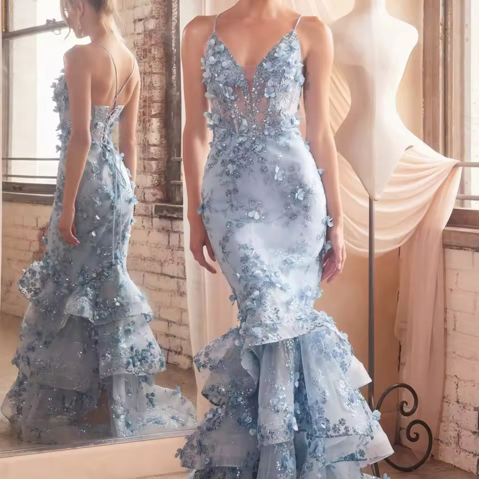 Mermaid Sleeveless Floor-Length F Flowers Spaghetti Strap Maxi Dress
