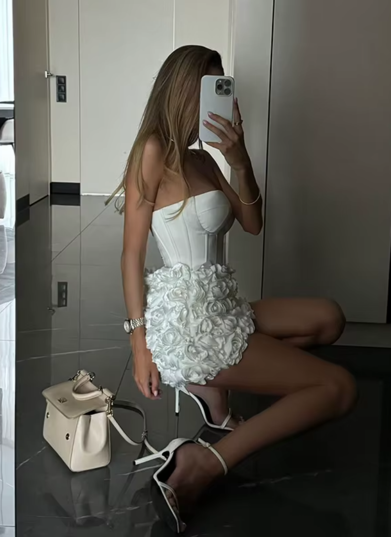 3D Flower Backless Strapless High Waist Solid Sleeveless Tube Top Dresses