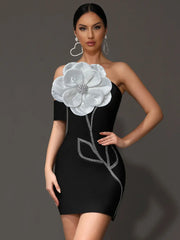 3D Flower Decoration Diamond Strapless One Shoulder Bodycon Backless Dresses