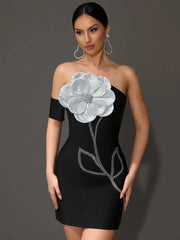 3D Flower Decoration Diamond Strapless One Shoulder Bodycon Backless Dresses
