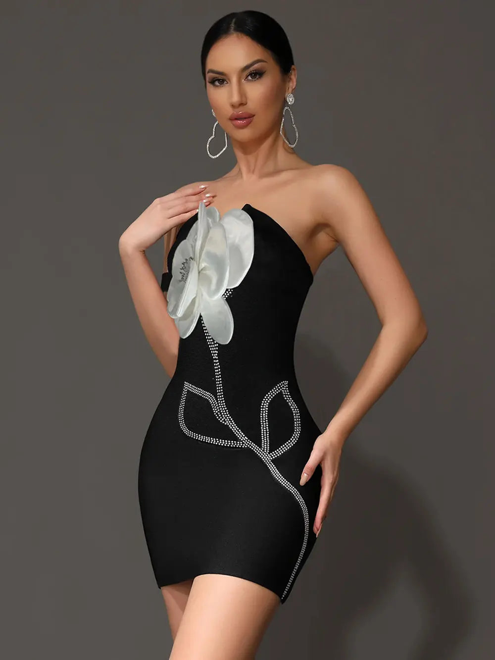 3D Flower Decoration Diamond Strapless One Shoulder Bodycon Backless Dresses