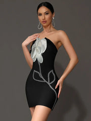 3D Flower Decoration Diamond Strapless One Shoulder Bodycon Backless Dresses