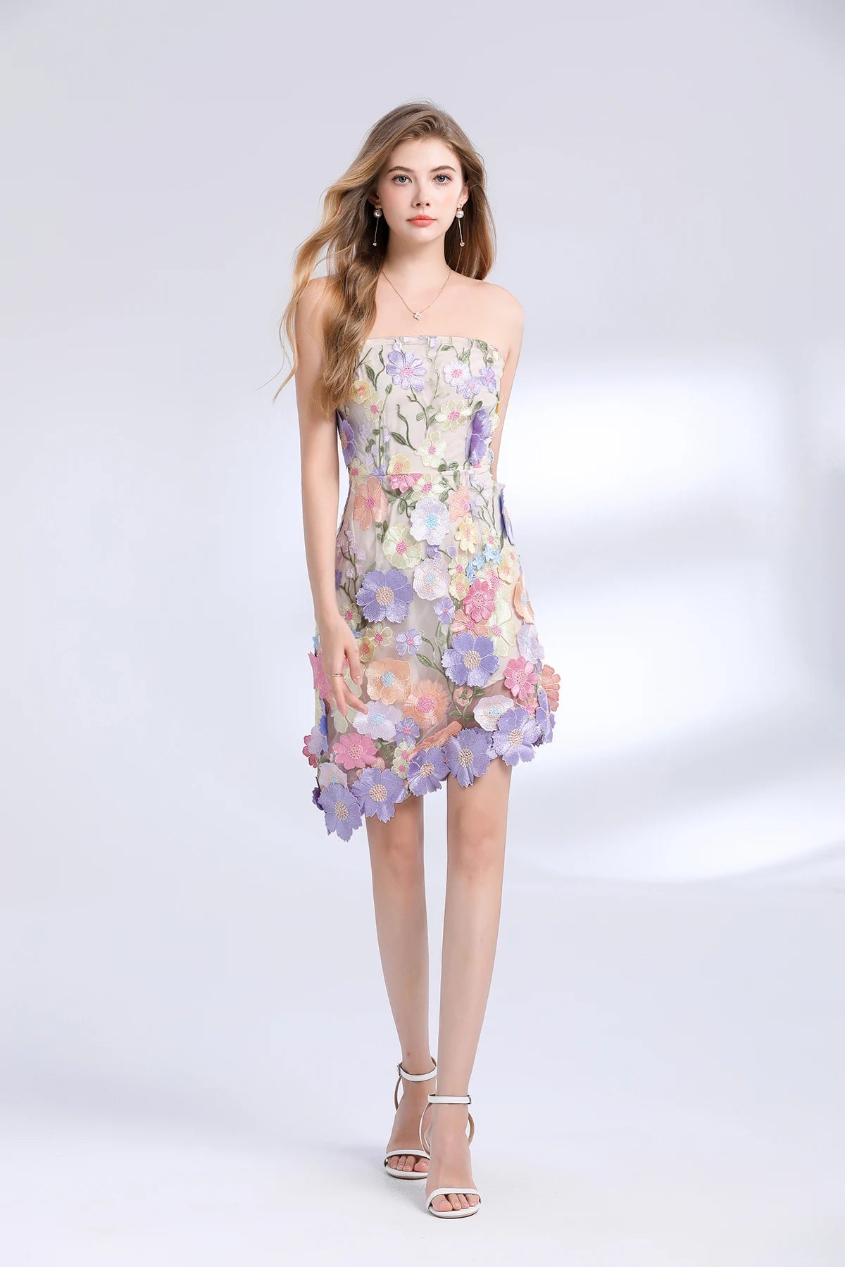 3D Flower Embroidery Hollow Out Lace Mini Robe Party Vestidos Wedding Short Dress