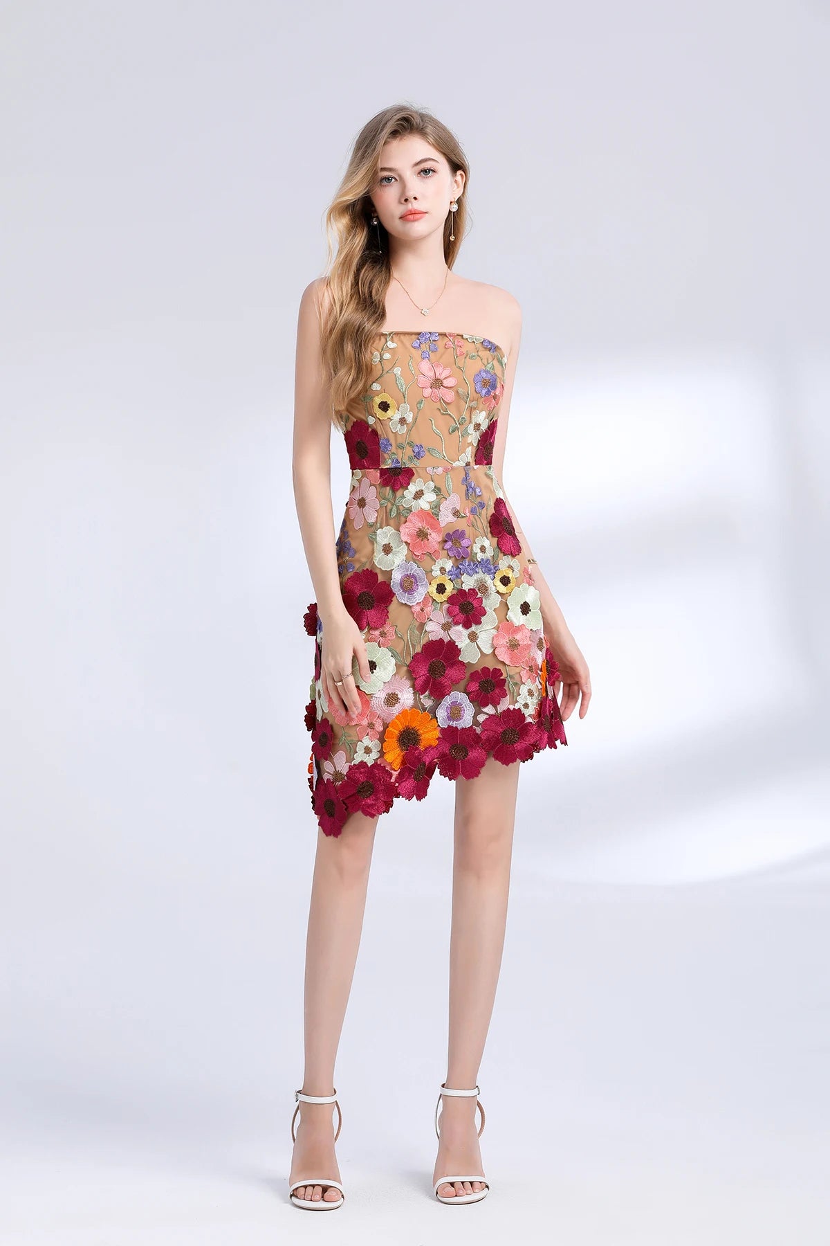 3D Flower Embroidery Hollow Out Lace Mini Robe Party Vestidos Wedding Short Dress