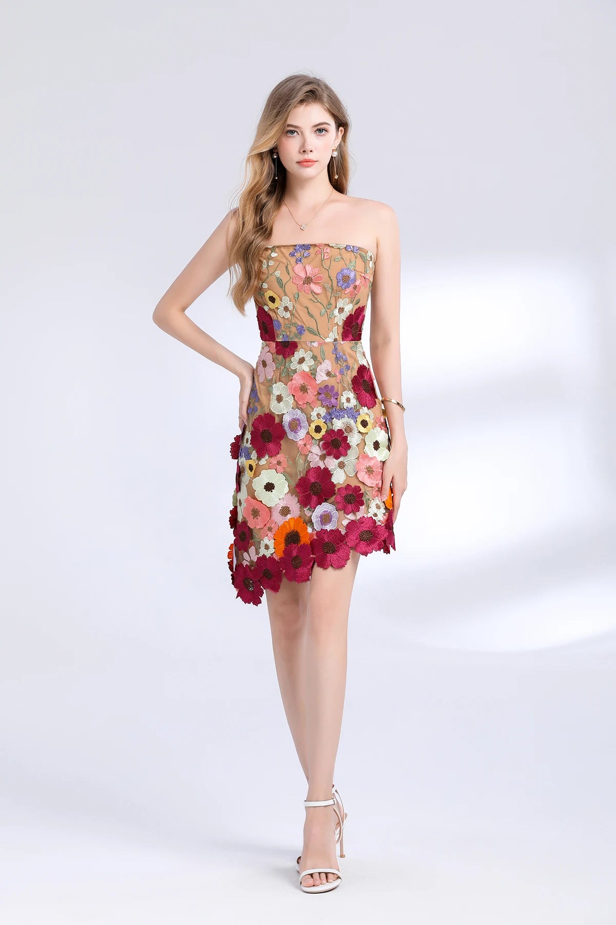 3D Flower Embroidery Hollow Out Lace Mini Robe Party Vestidos Wedding Short Dress