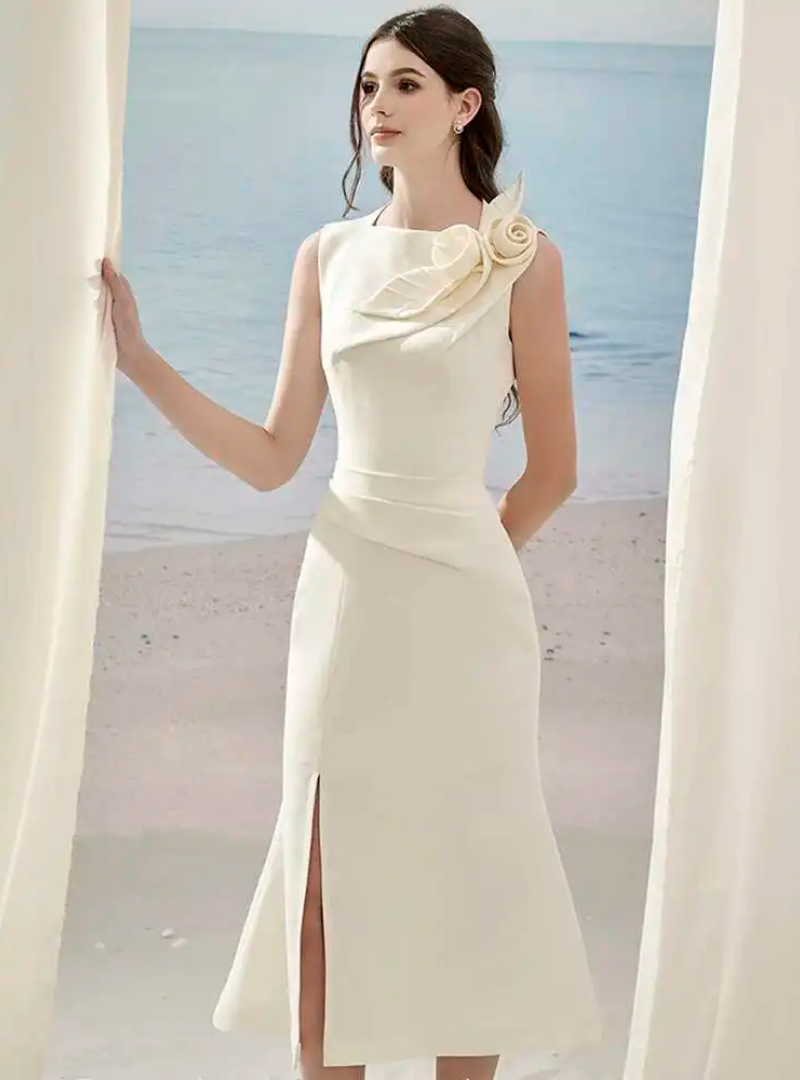 3D Flower Erotic Patchwork Sleeveless Pleated Split Slim Party Dresses