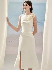 3D Flower Erotic Patchwork Sleeveless Pleated Split Slim Party Dresses
