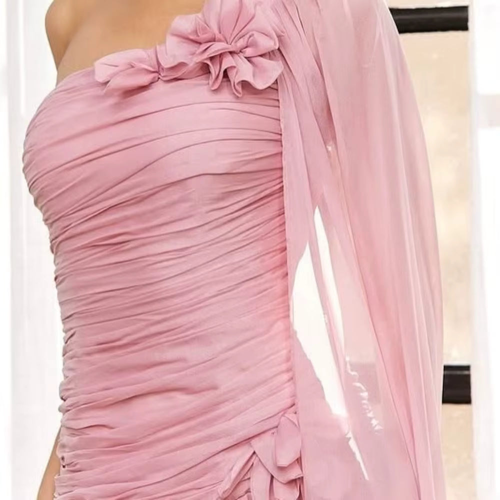 3D Flowers One Shoulder Strapless Party Floor-Length Party Prom Maxi Dress