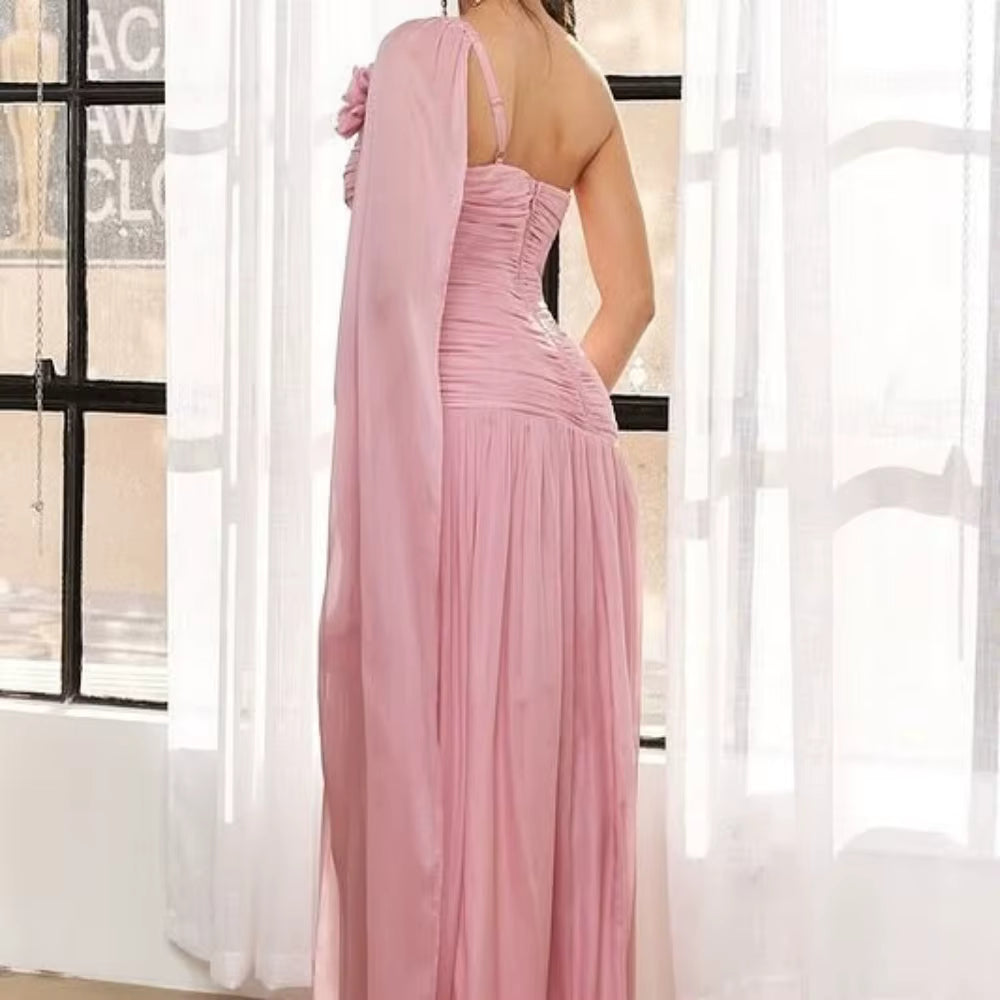 3D Flowers One Shoulder Strapless Party Floor-Length Party Prom Maxi Dress