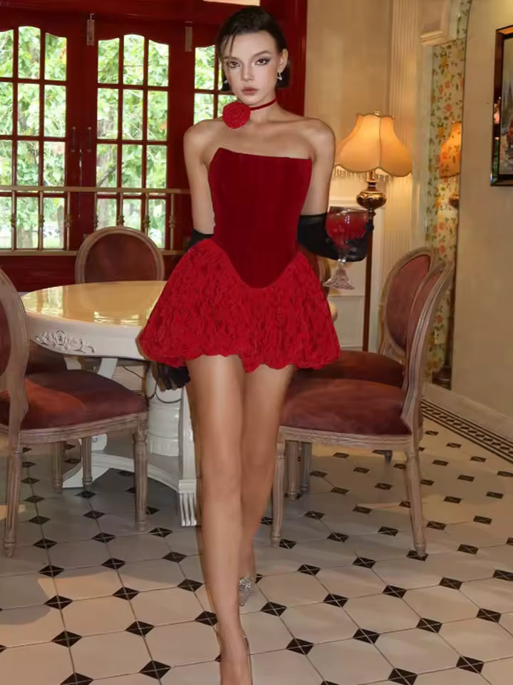 3D Lace Ruffle Velvet Strapless Club Bandage Corset Party Dresses
