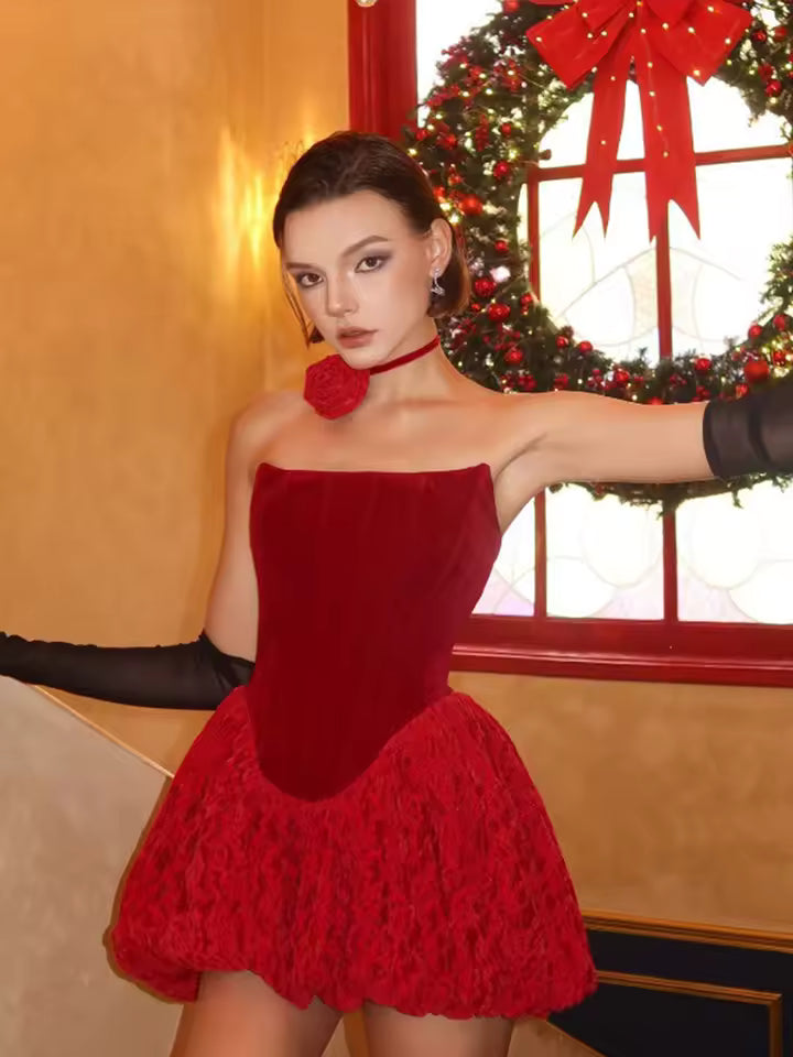 3D Lace Ruffle Velvet Strapless Club Bandage Corset Party Dresses