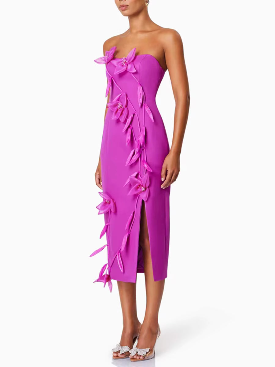Elegant Strapless Solid Slimming Spliced Appliques High Waist Split Midi Dress