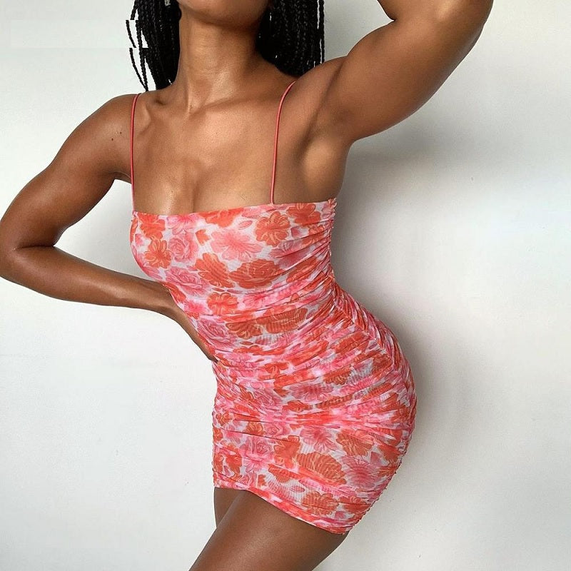 Spaghetti Strap Flower Print Ruched Mini Dresses
