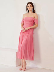 Elegant Off-shoulder Strapless Pleated Sleeveless Midi Dress