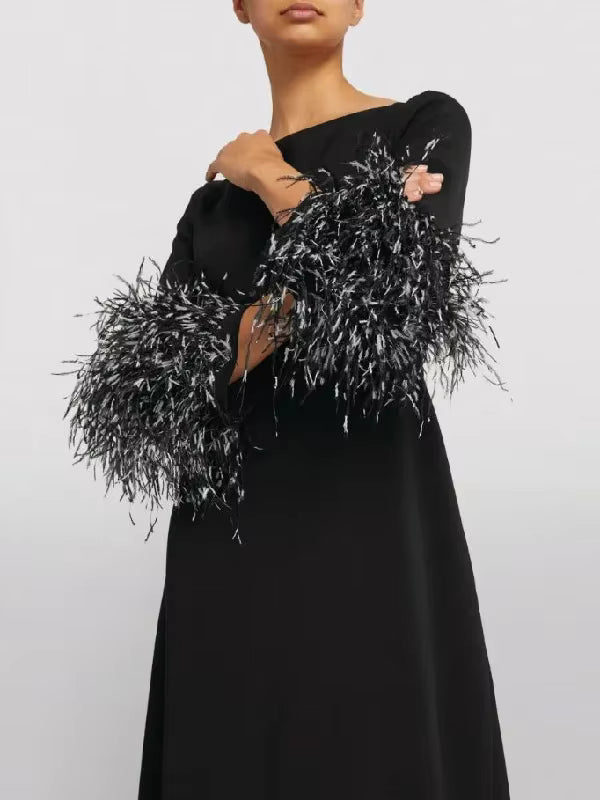 Elegant Feathers Half Sleeve Boat Neck Pleated Solid Color Floor Length Wrap Evening Maxi Dress