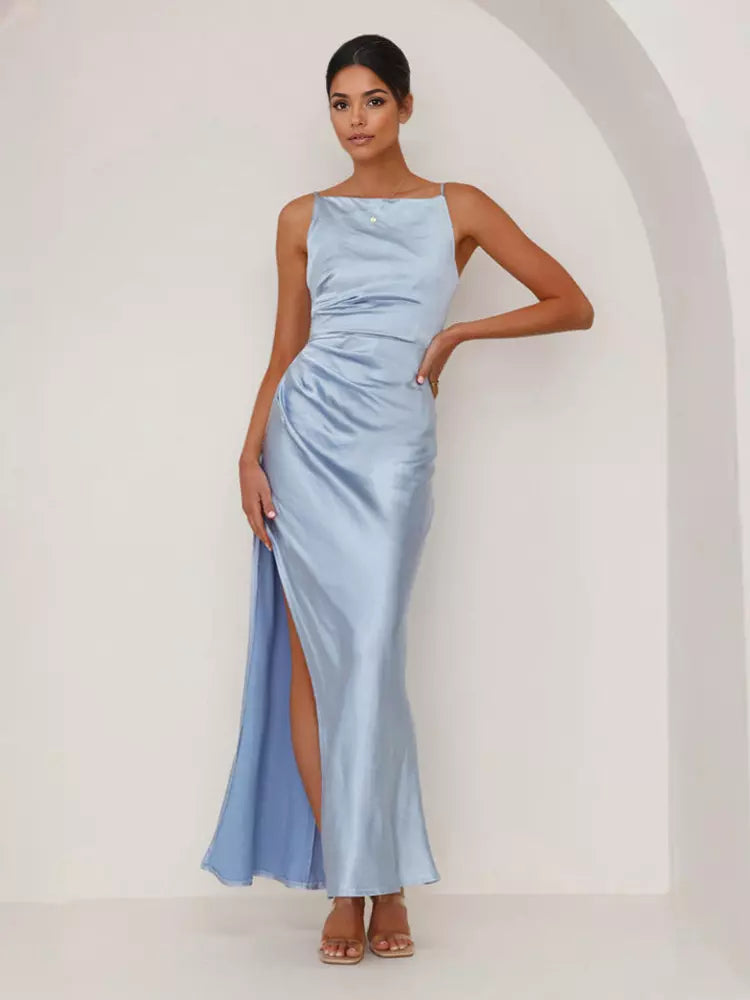 Elegant Open Back Open Shoulder Slit Sleeveless Maxi Dress