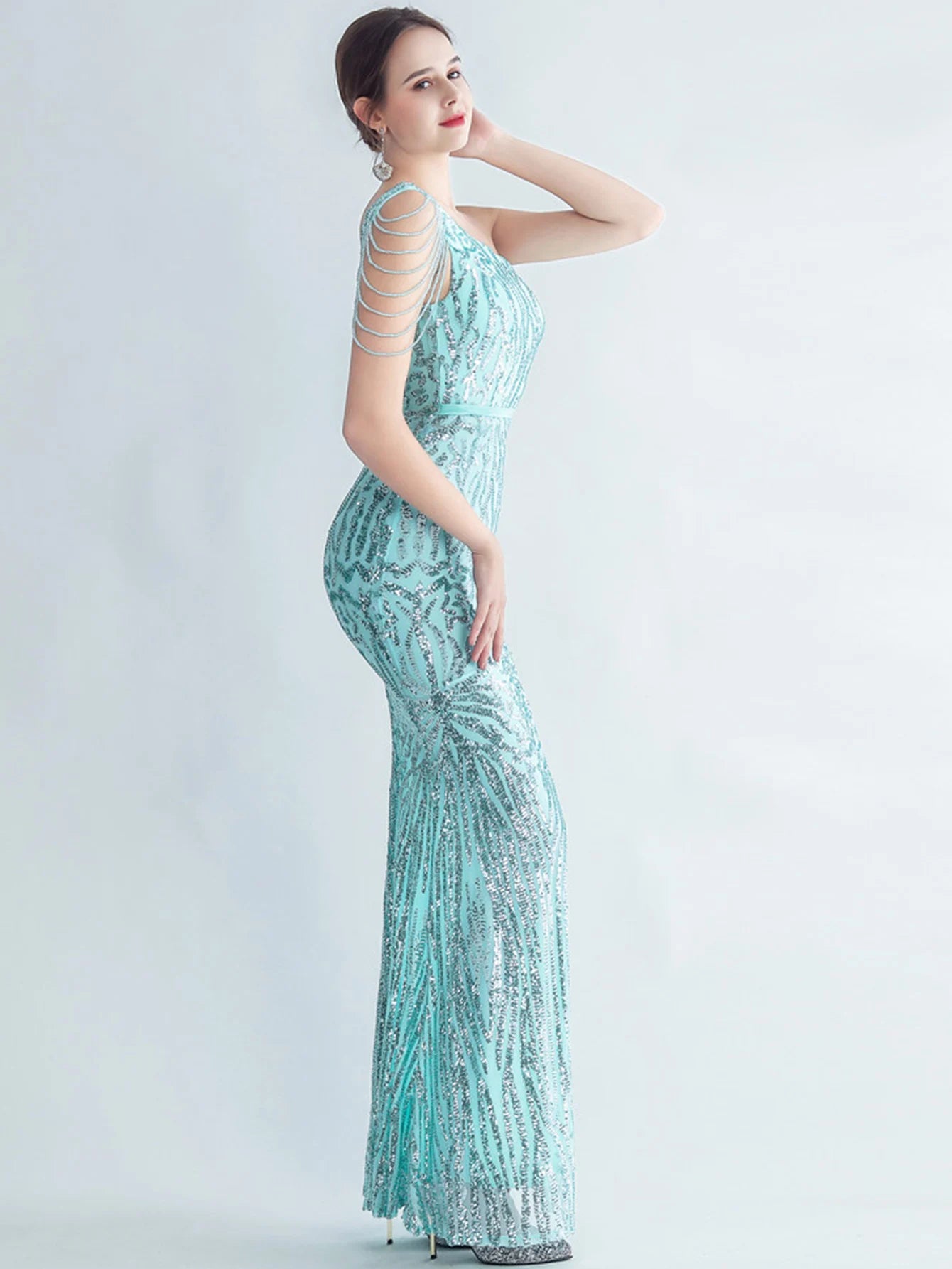 Elegant Diagonal Collar Backless Sequin Birthday Party Long Maxi Dress