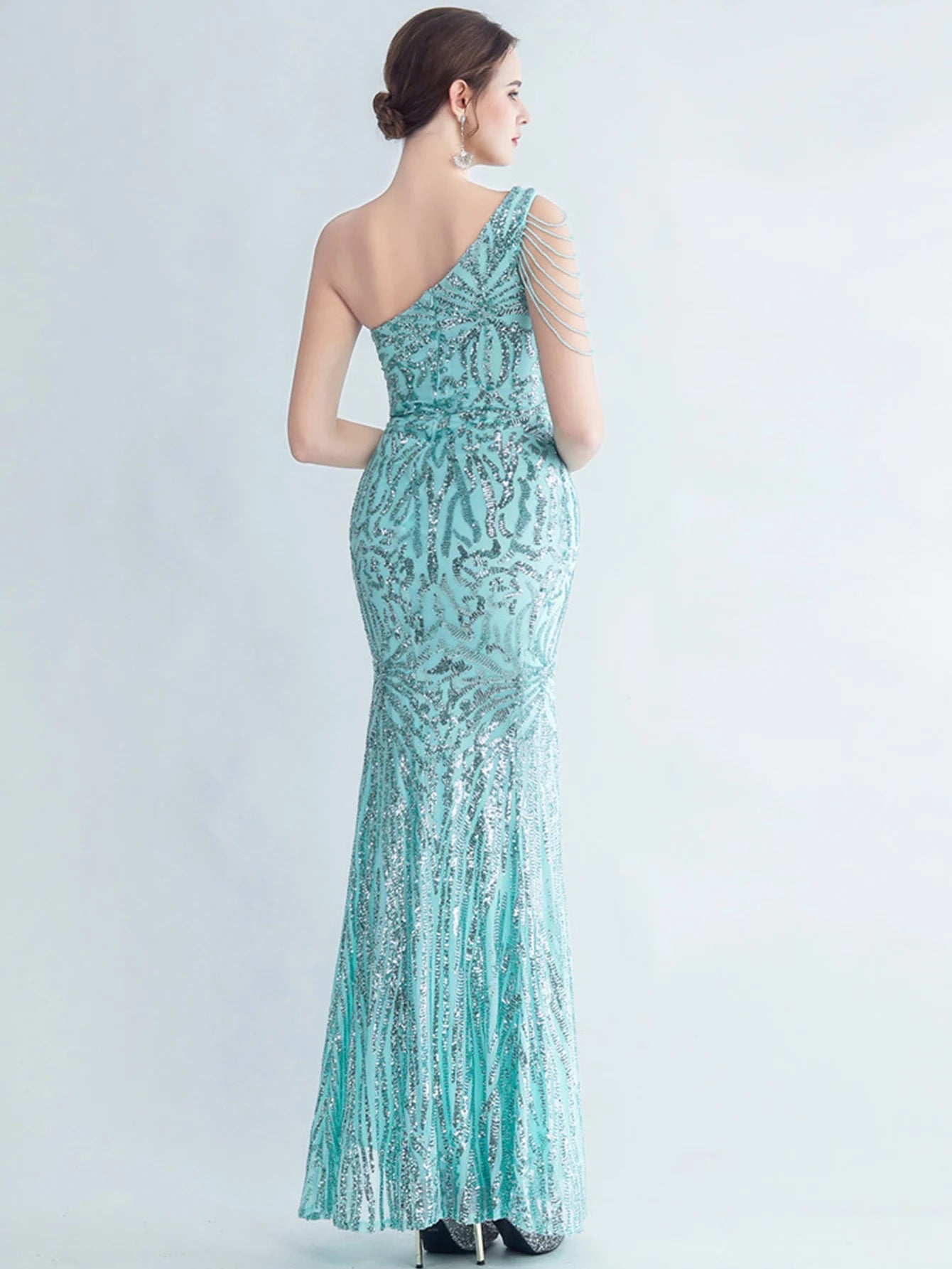 Elegant Diagonal Collar Backless Sequin Birthday Party Long Maxi Dress