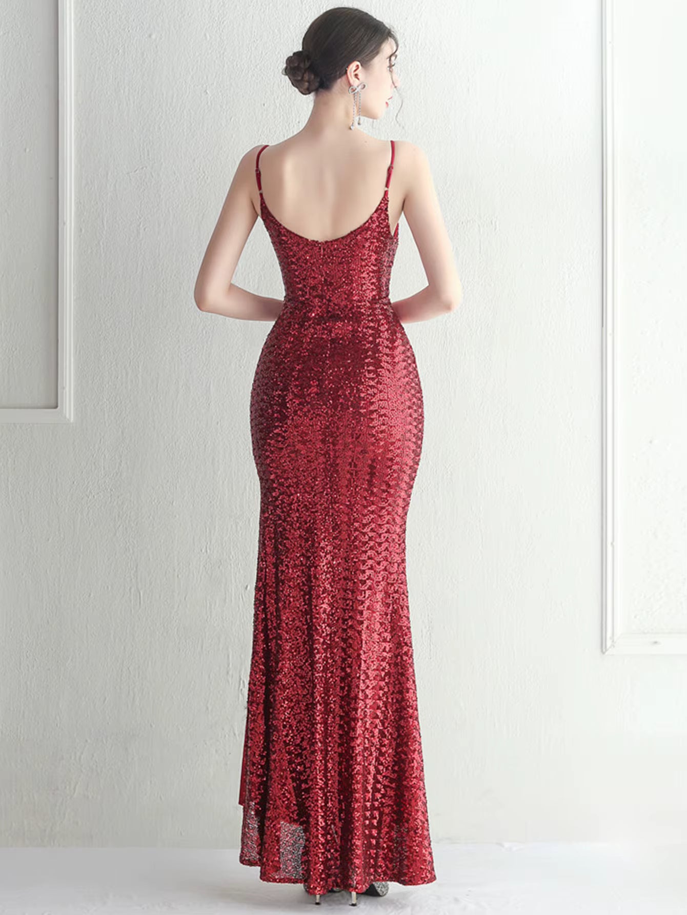 Elegant Backless V-Neck Slip Floor-Length Sequin Maxi Dresses
