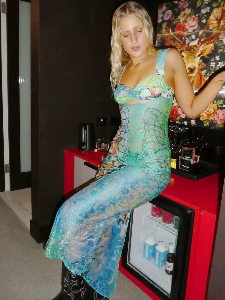 Classic Lace Print Cut Out Bodycon Bandage Maxi Dress Streetwear