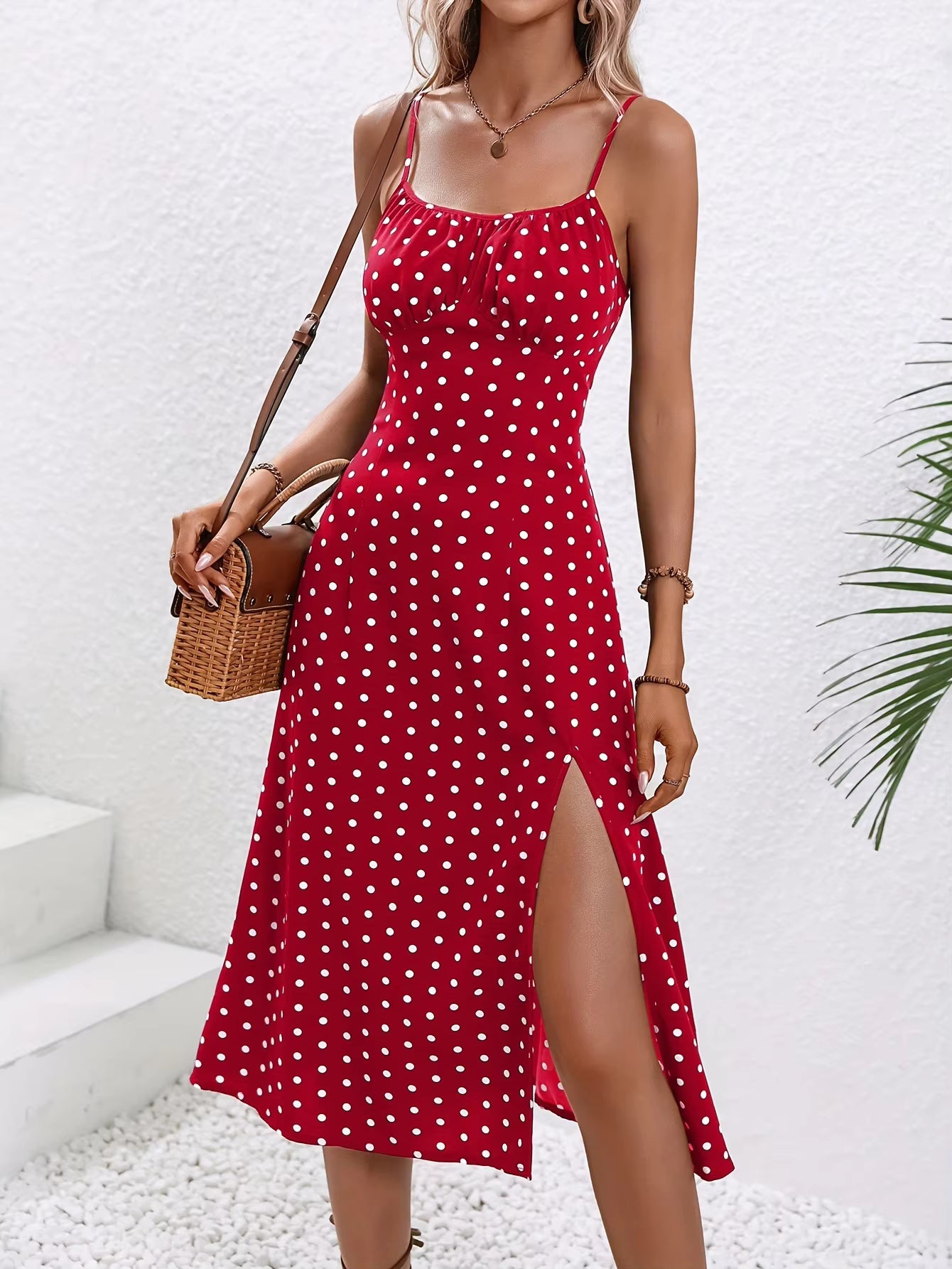 Casual Polka Dot Print Sleeveless Spaghetti Straps Slit Midi Dress