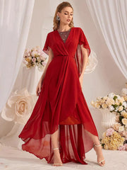 Rhinestones Asymmetrical Chiffon Hem Maxi Sleeves Dress