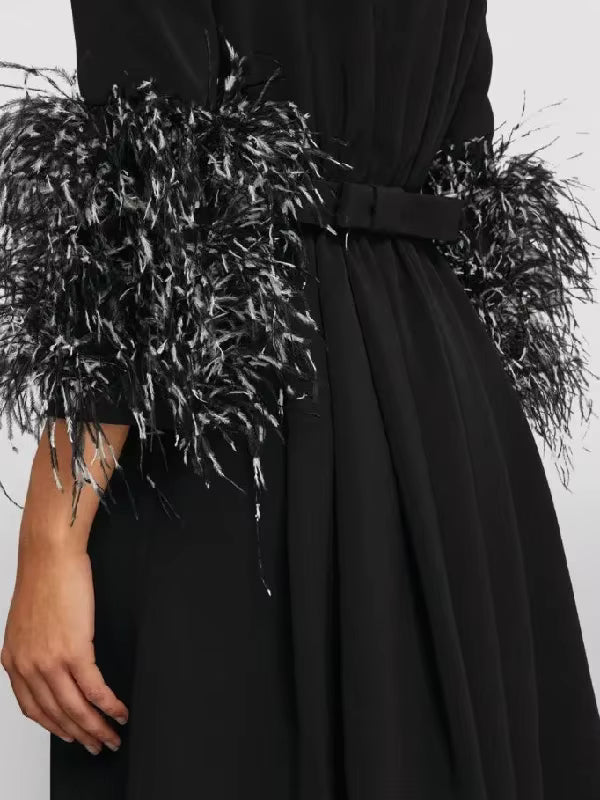 Elegant Feathers Half Sleeve Boat Neck Pleated Solid Color Floor Length Wrap Evening Maxi Dress