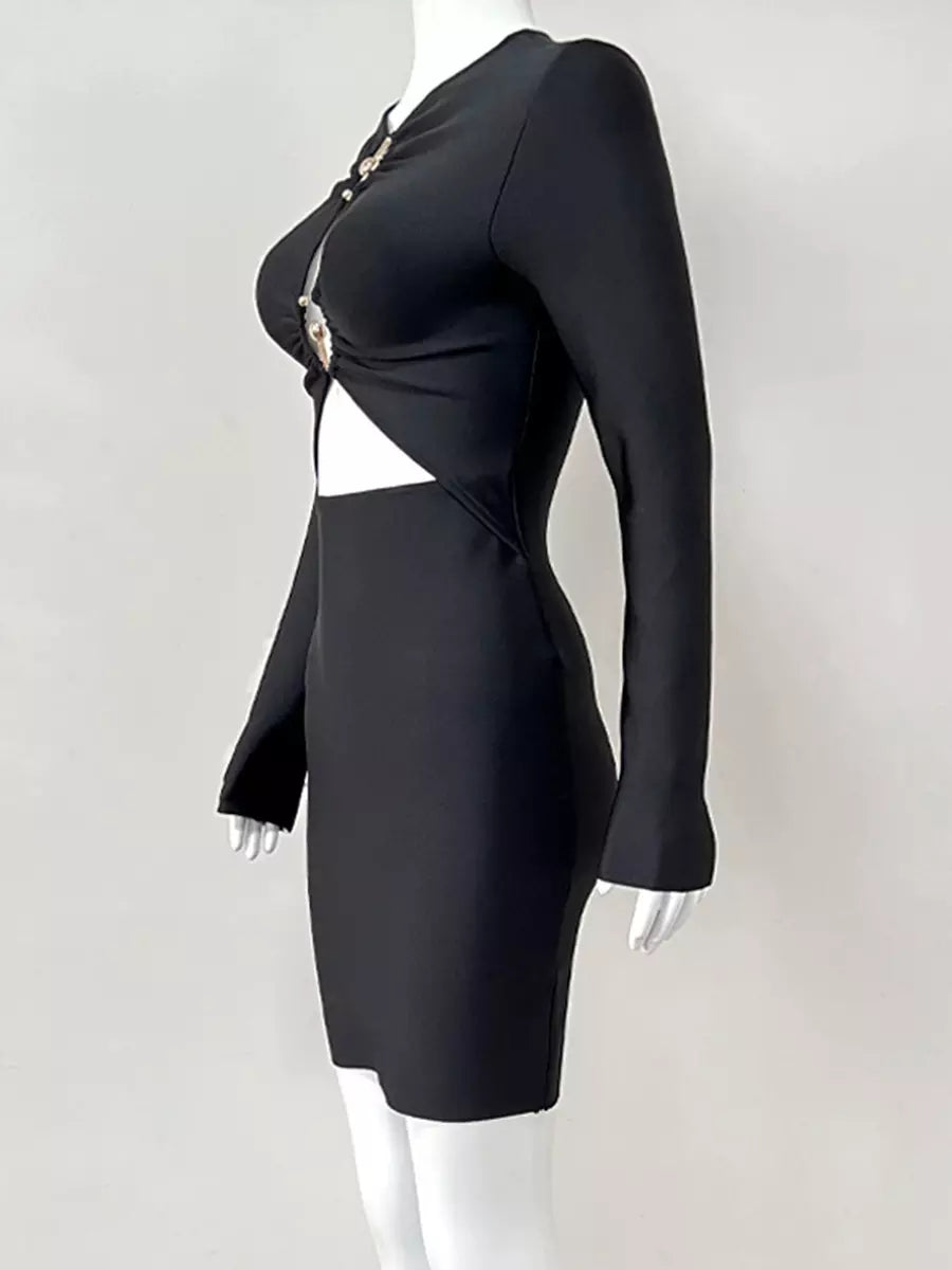 Elegant Metal Ring Cutout Polyester Bandage Bodycon Mini Dress
