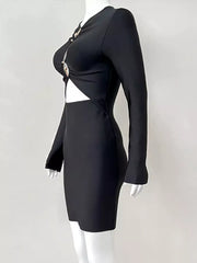 Elegant Metal Ring Cutout Polyester Bandage Bodycon Mini Dress