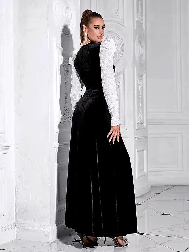 Elegant Patchwork O Neck Puff Sleeves Hollow Out