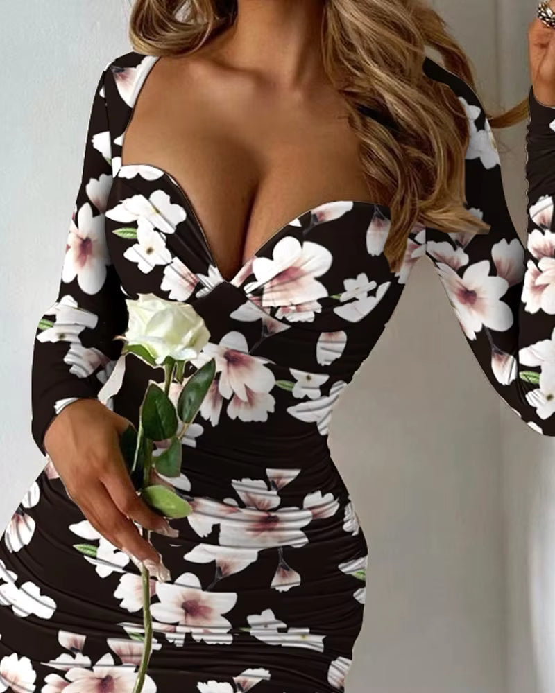 Trendy Package Hip Slim Printed Low Cut Bodycon Mini Dress