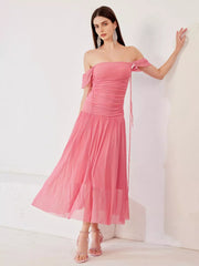 Elegant Off-shoulder Strapless Pleated Sleeveless Midi Dress
