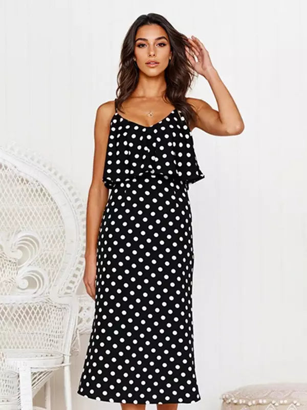 Casual Spaghetti Straps Layered Printed Sleeveless Midi Dress
